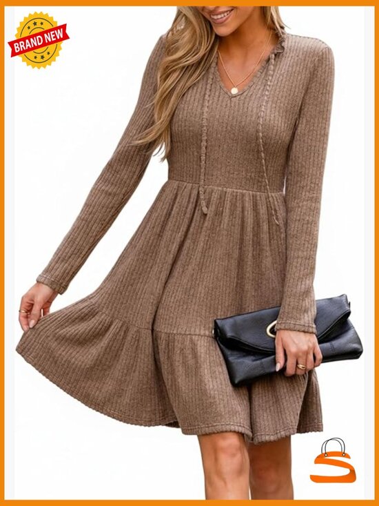 Dresses & Skirts - Woven Fall Mini Dress Long Sleeve V Neck Ruffle Sweater Dress